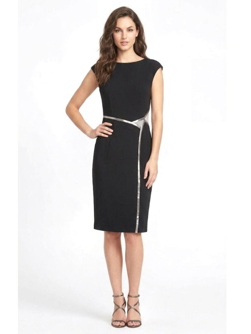 Halston Heritage Cutout Metallic Trim Sheath Dress Black Gunmetal Womens Size 12